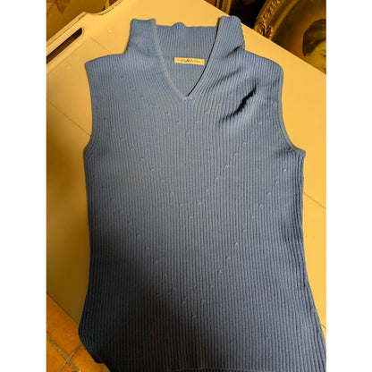 Preston & York Blue Ribbed Sleeveless Sweater Top Size Medium faux collar