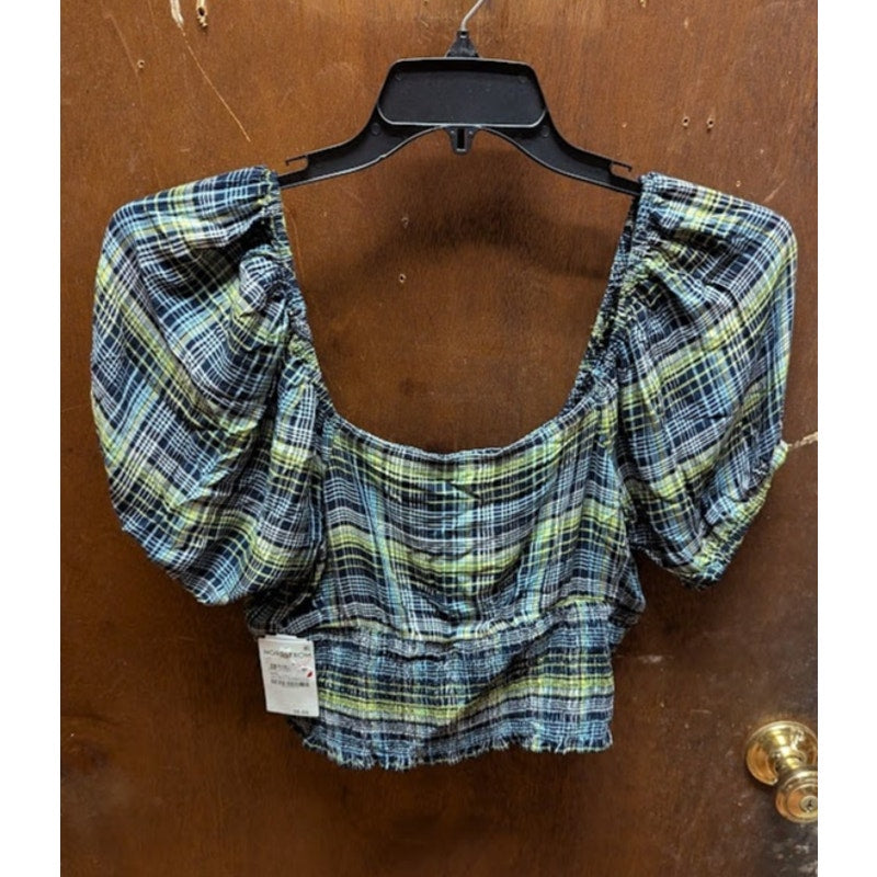 NEW BP Womens Smock Crop Top Green Size Medium Plaid Square Neck Puff Sleeve