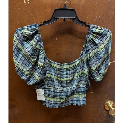 NEW BP Womens Smock Crop Top Green Size Medium Plaid Square Neck Puff Sleeve