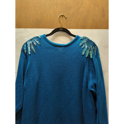 Vintage Plain Jane Size Medium Blue sweater dress Sequin epulets shoulders 1980s