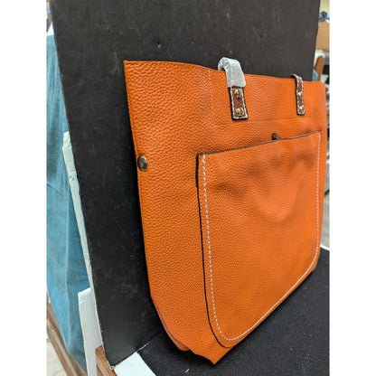 Vegan Faux Pebbled Leather Orange Removable bag Tote NEW Purse Front zip pocket