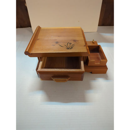 Vintage Asian Wooden Desktop Writing Slope & Organizer Vanity Box