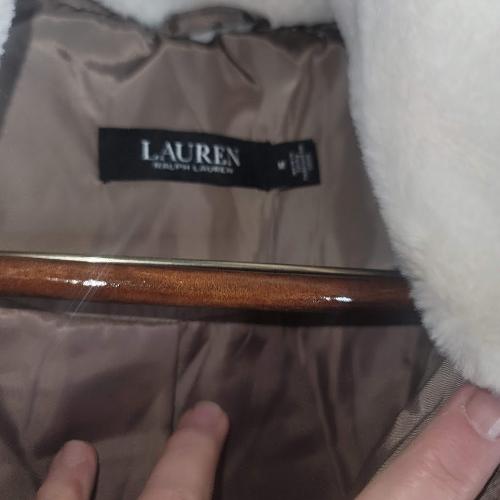 Lauren Ralph MEDIUM Mushroom Puffer Coat Jacket faux fur collar Hooded Full Zip