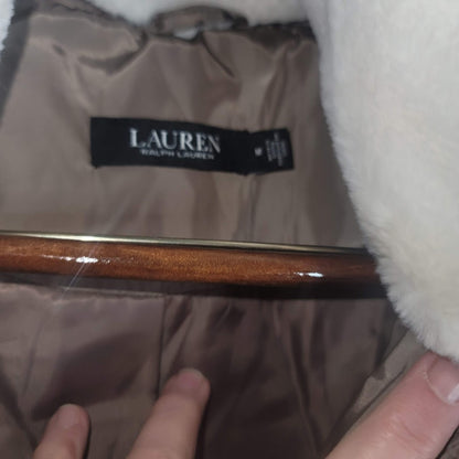 Lauren Ralph MEDIUM Mushroom Puffer Coat Jacket faux fur collar Hooded Full Zip