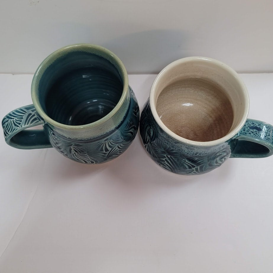 Pair Handmade art pottery mug 2 cups green coffee tea Blue etched design Signed