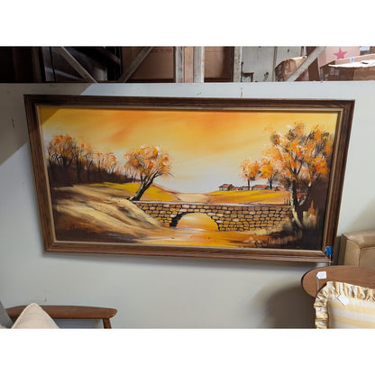 L. VICKI Oil MCM painting Large Landscape Oranges Yellow Large Wood Frame