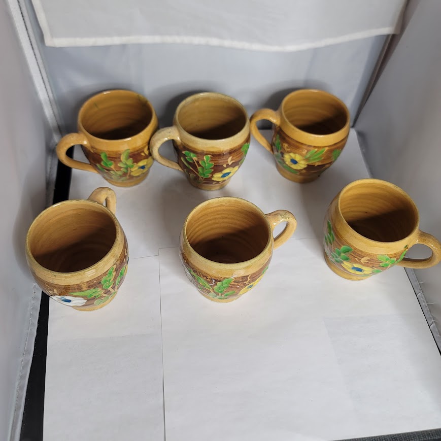 Set of 6 Primitive folk VINTAGE hand painted art pottery mug cup encised flowers