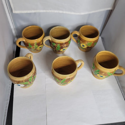 Set of 6 Primitive folk VINTAGE hand painted art pottery mug cup encised flowers