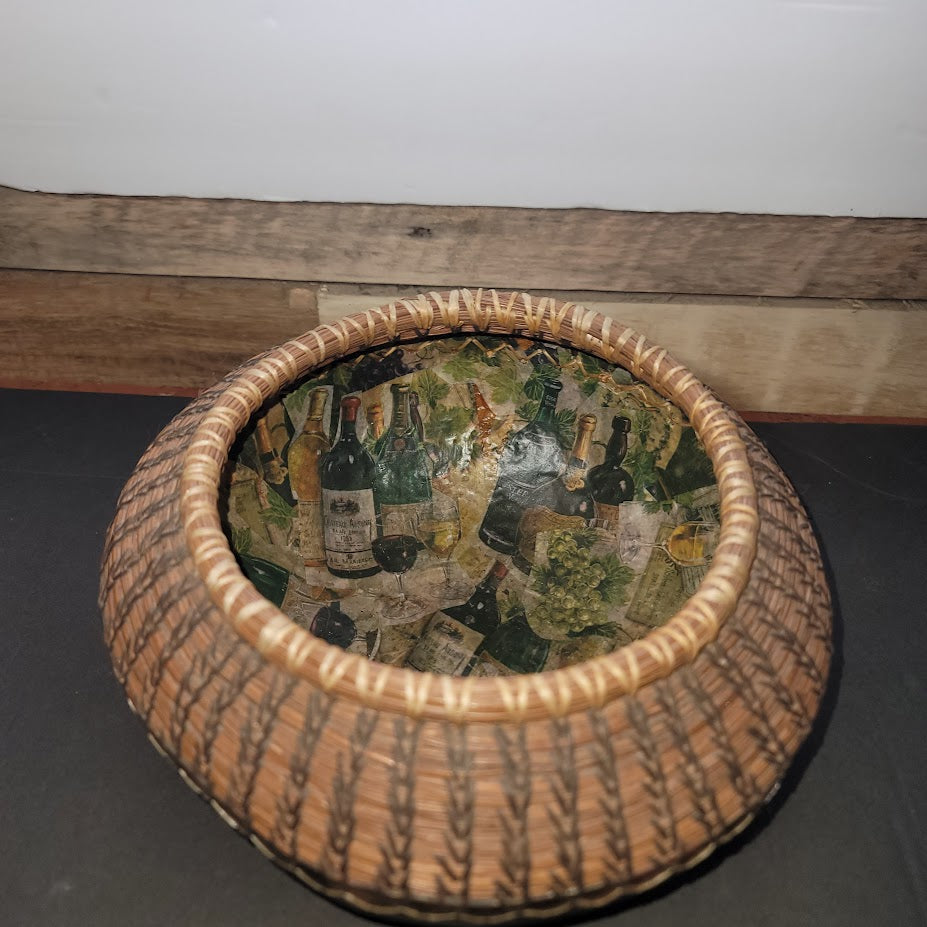 Artisan Handmade Gourd & Coiled Pine Needle Basket Bowl 6" Wide Rustic Southern
