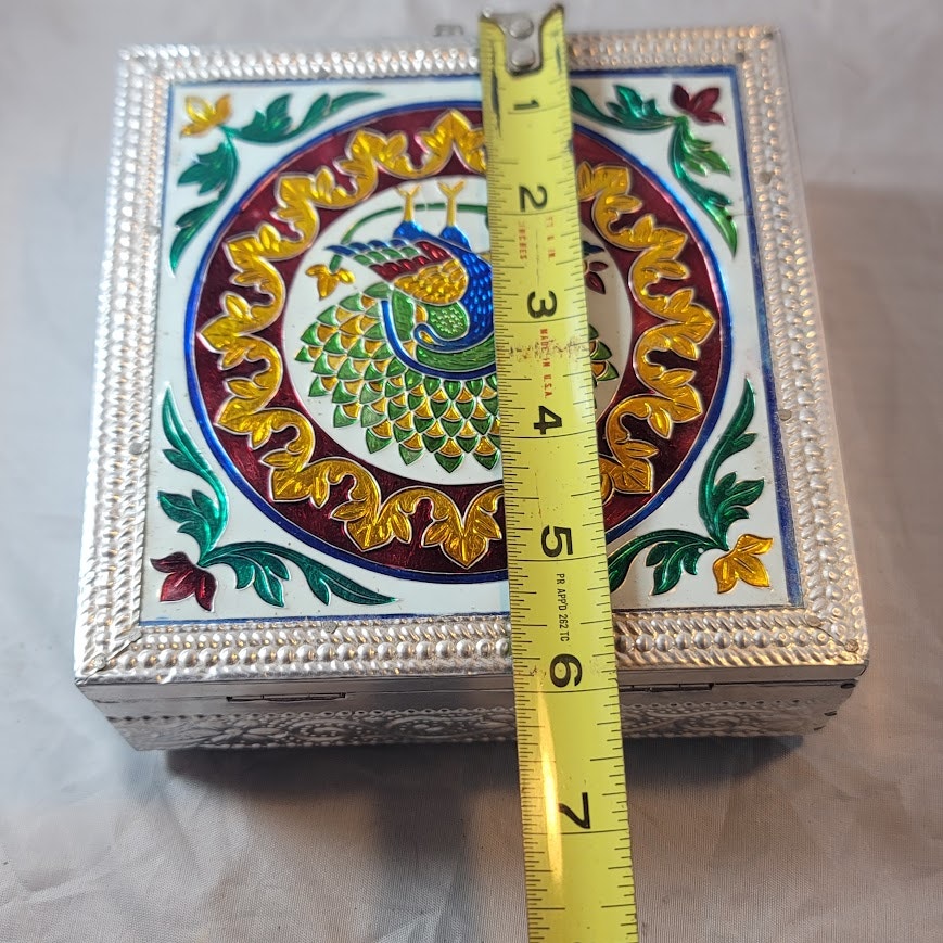 Keepsake Handicraft Peacock Design Jewelry STASH Box Silver Foil Metal Wrapped