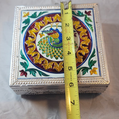 Keepsake Handicraft Peacock Design Jewelry STASH Box Silver Foil Metal Wrapped