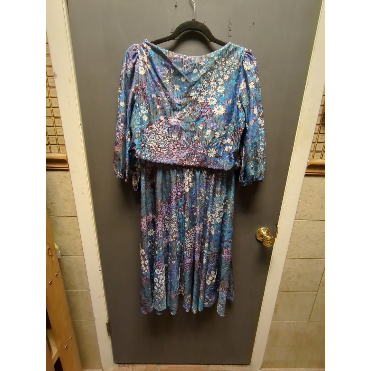 Blue and purple dress Floral dress blouson 1980s Lady Carol Size XL