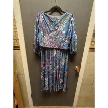 Blue and purple dress Floral dress blouson 1980s Lady Carol Size XL