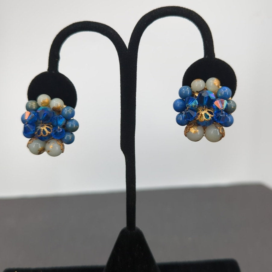Vintage Blue & Gold Rhinestone Layered Sunburst Cluster Clip On Earrings