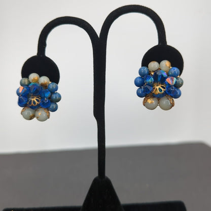 Vintage Blue & Gold Rhinestone Layered Sunburst Cluster Clip On Earrings
