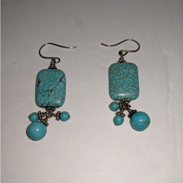 Vintage Turquoise Bead Dangle Earrings Silver Color Metal Hooks