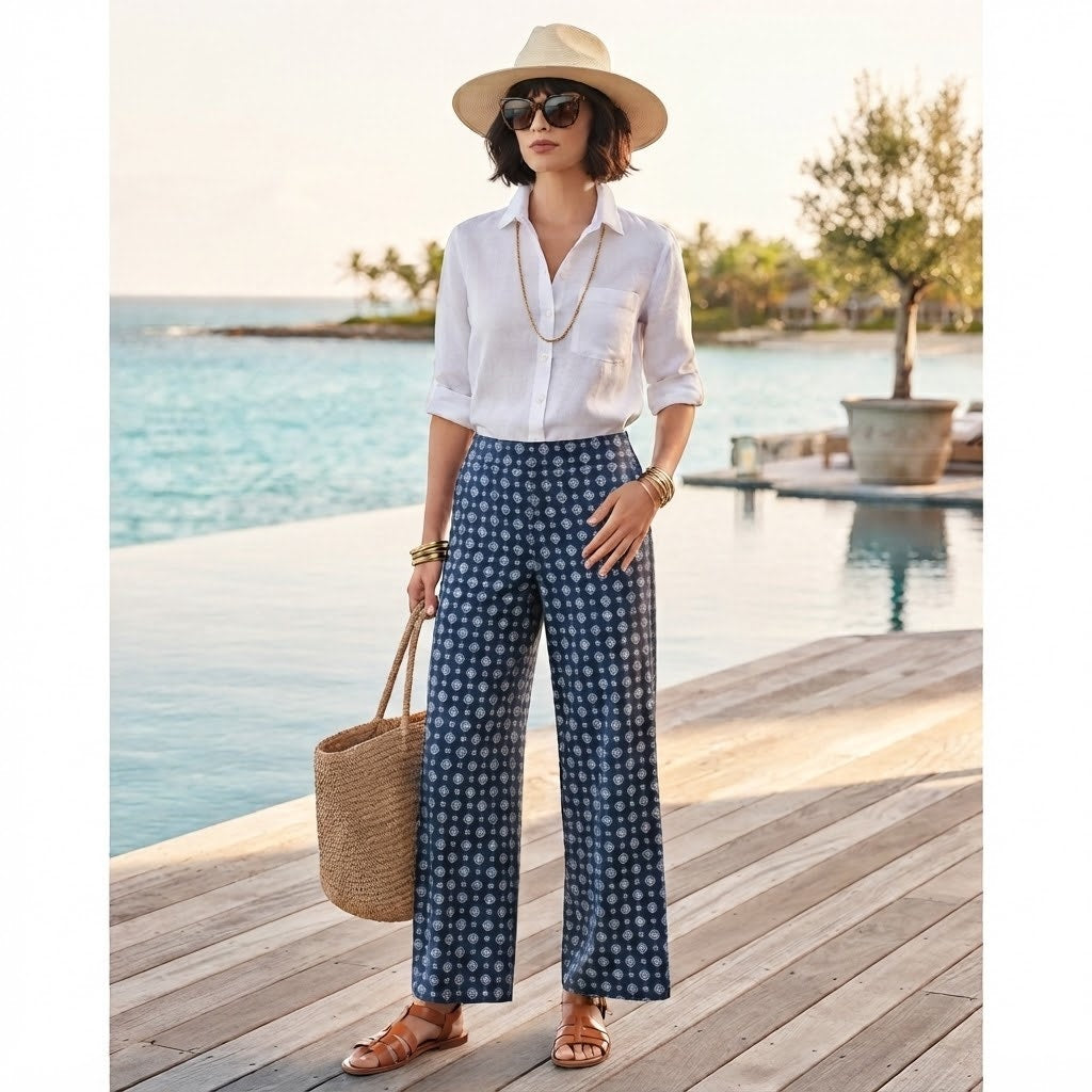 Vince Camuto Small Casual Stretch Wide-Leg Pants Lightweight Travel Pull On Blue