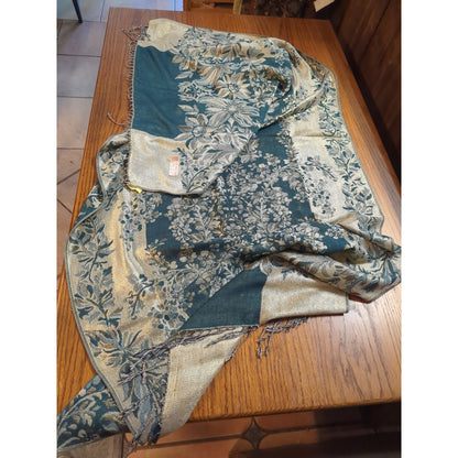 Luxury Teal Blue & Metallic Gold Floral Jacquard Pashmina Silk Blend Scarf Shawl