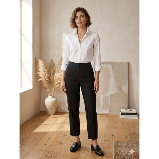 Vintage Linen Women's High Waist Elastic casual career tapered Pant Black 14