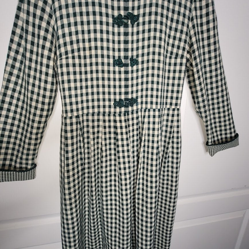 Vintage Plaza South Green Gingham Check Midi Dress Large Frog Closures Medium