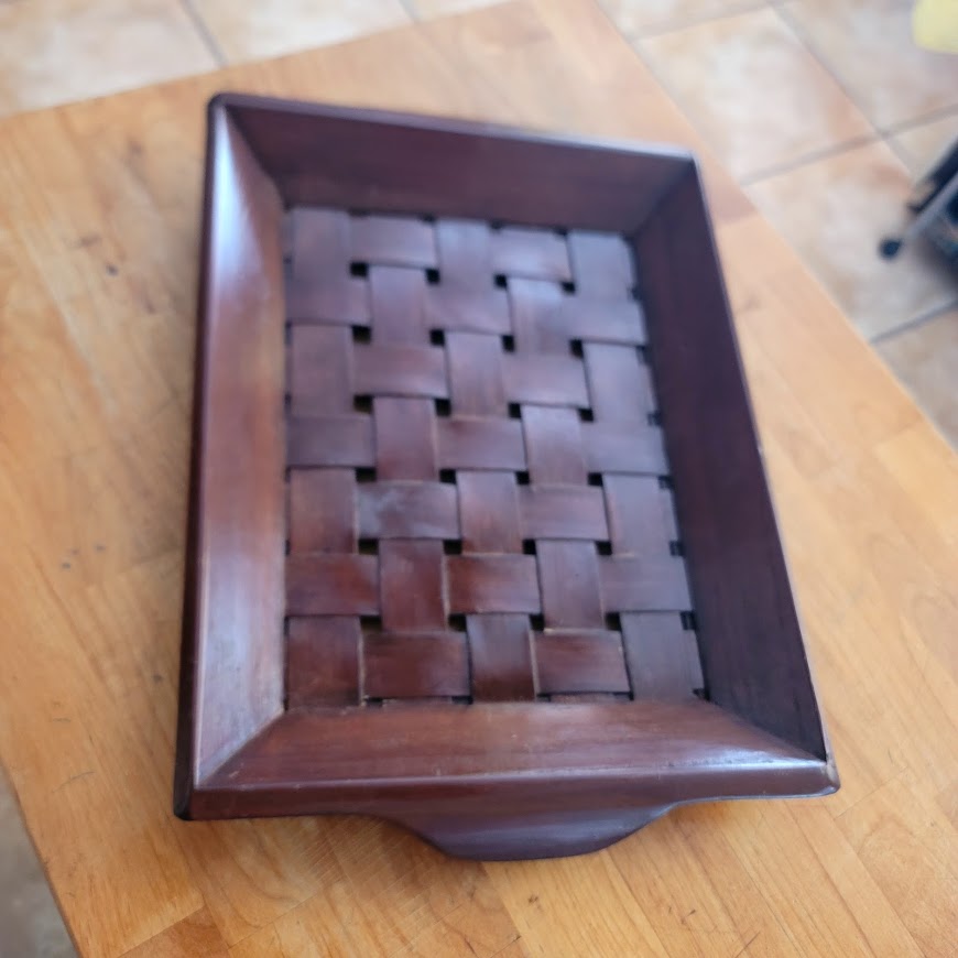 Vintage Large Wood Lattice Basketweave Serving Tray MCM Rectangular 21" x 14"