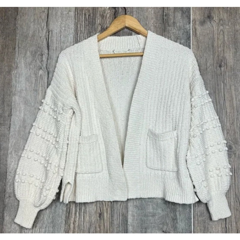 Madewell NEW Bobble Cardigan Sweater Cream Knit Textured PomPom Bell Sleeve $98