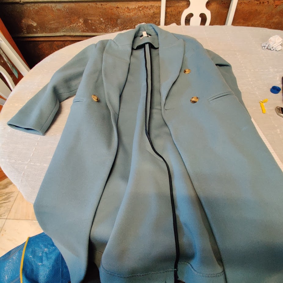Topshop Brooke Double Breasted Long Coat Collared Neck Four Button Up Blue SZ 4