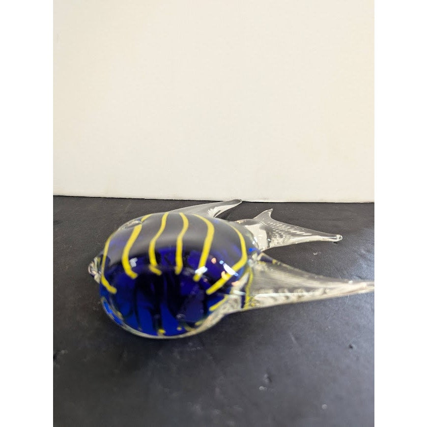 Vintage ANGELFISH Art Glass Paperweight Collectable Art Glass Blue Yellow Stripe