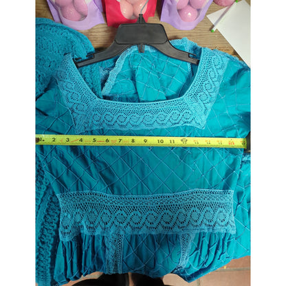 Vintage BOHO Teal Blue dress Maxi dress /Shawl Mexican Wedding Pintuck 2 pc Set
