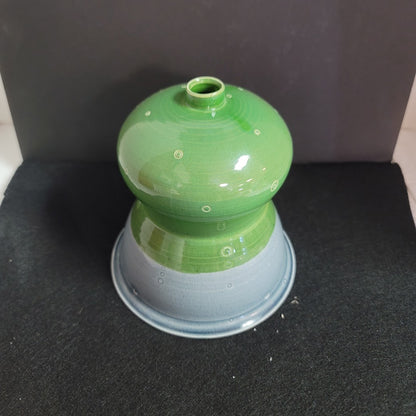 Art pottery ceramic vase Blue green two tone glaze incised circles chop Bottom