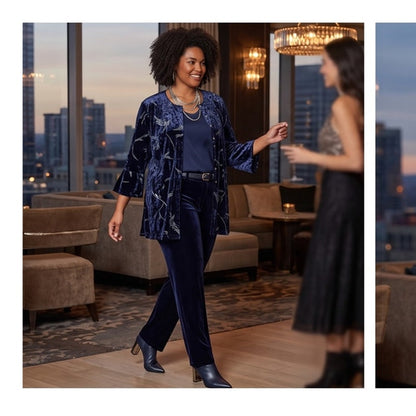 R&M Richards Navy Blue Velvet Burnout Pant Suit Set 16 Formal Evening 2PC