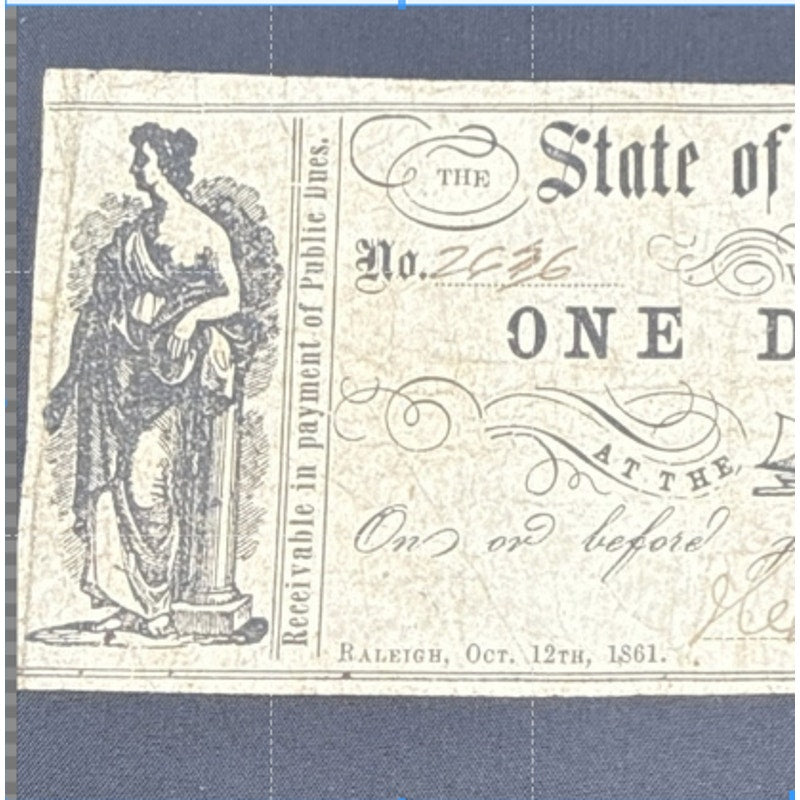 Currency Bank Note USA Paper Money State of North Carolina $1 Series 1861