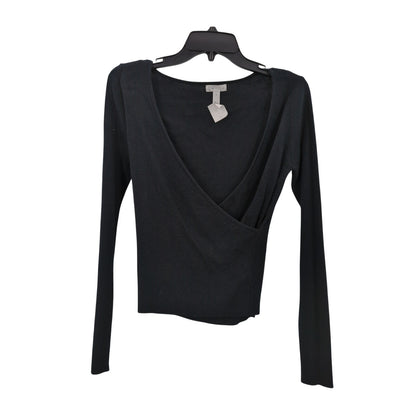 Leith Women's Black Ribbed Knit Faux Wrap Long-Sleeve Top Small