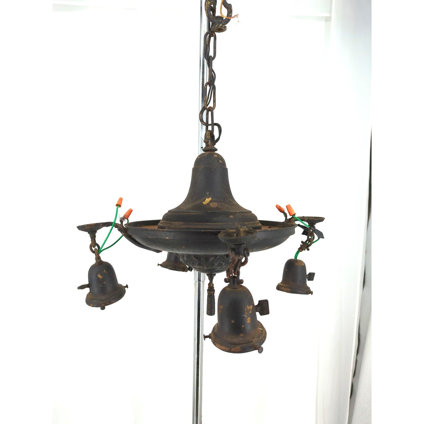 Vintage Art Deco Brass Pan Chandelier 4 Light Down Fixture Dark Patina Projec