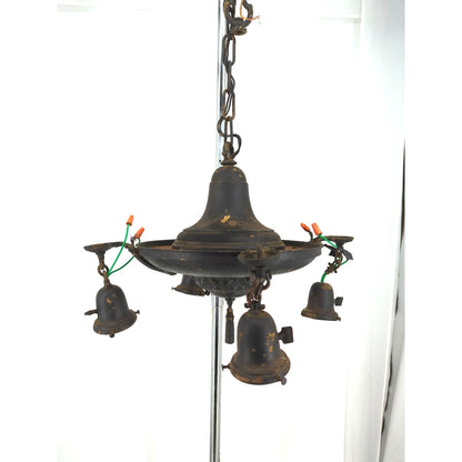 Vintage Art Deco Brass Pan Chandelier 4 Light Down Fixture Dark Patina Projec