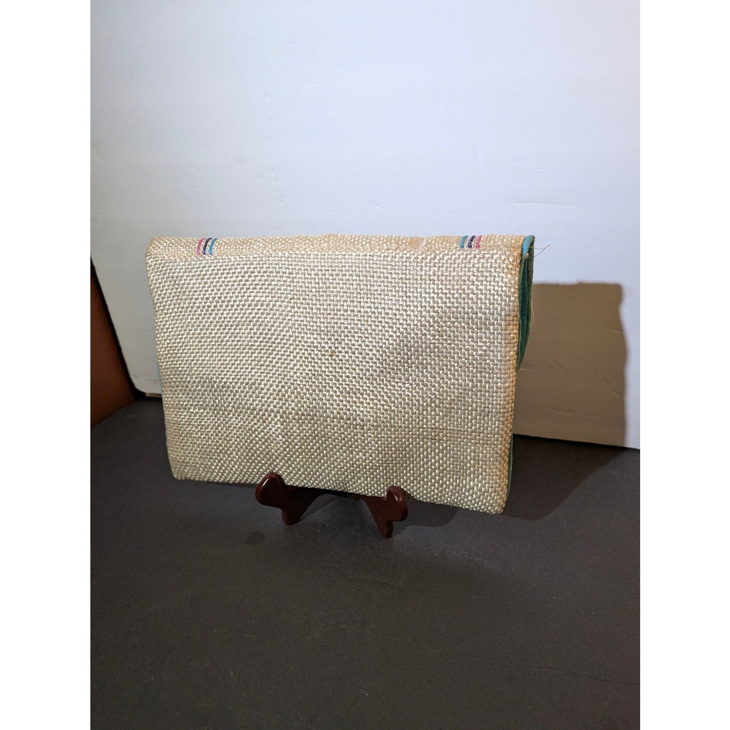 Vintage 80s Woven Straw Convertible Clutch Turquoise Summer Boho