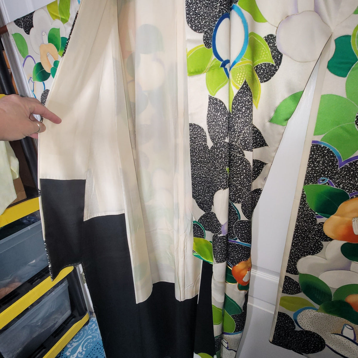 Vintage Silk Furisode (long sleeve) Kimono Robe Black Green White Orange Floral