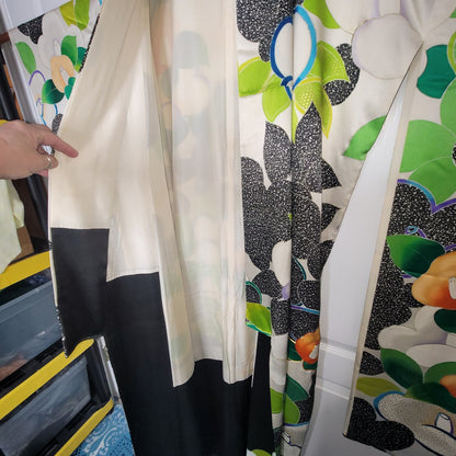 Vintage Silk Furisode (long sleeve) Kimono Robe Black Green White Orange Floral