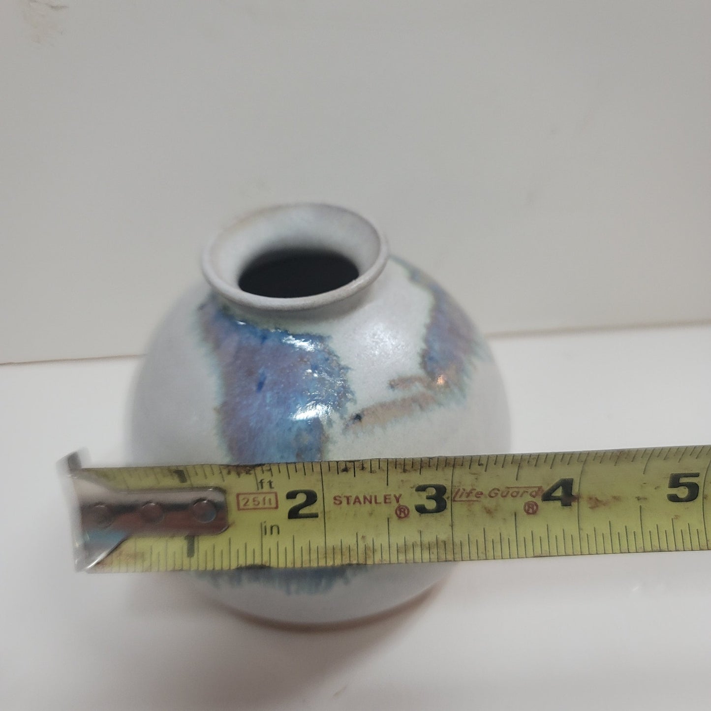 Round spherical vase art pottery small signed RY 1984 blue cream earthtones