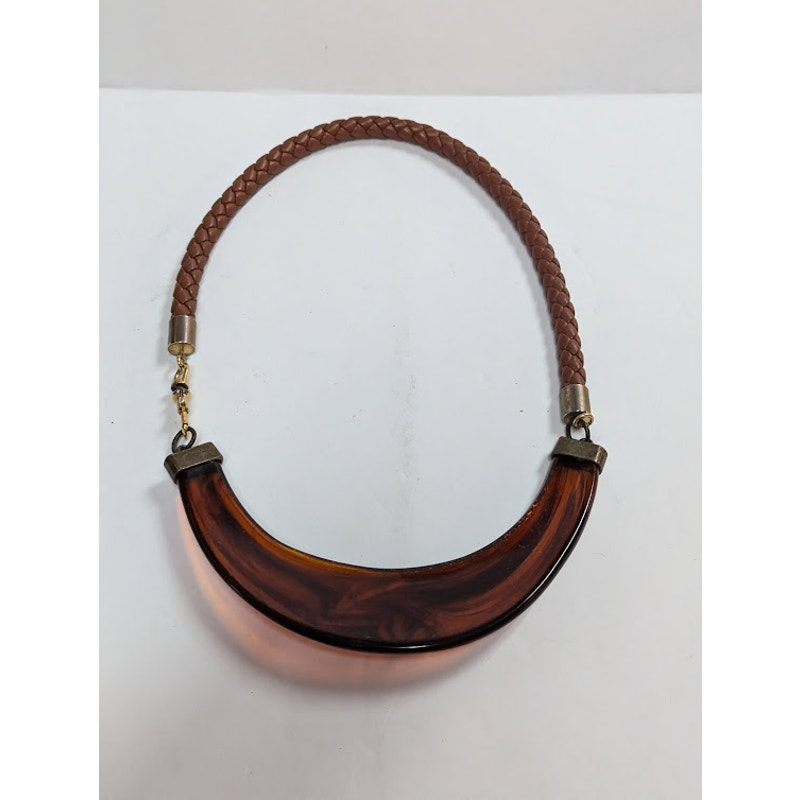 Vintage Statement Faux Tortoise Shell Crescent Choker Braided Leather Strap Y2K