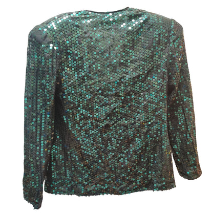 Vintage Three Flaggs Green Black Sequin Evening Blazer Jacket Large 80s glam
