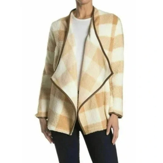 C&C California Cardigan Plaid Sherpa Jacket Medium Brown Cream Open Front NEW