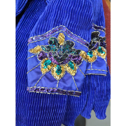Vintage Nuit Micro Pleat Cocktail Arm cuff Sequin Dress Size 8 Blue Long Sleeve