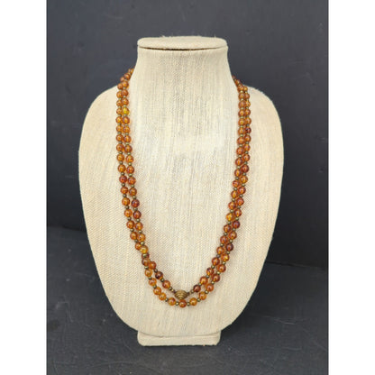 Vintage Amber Glass Bead Gold Tone Box Clasp Strand Necklace Mid-Century