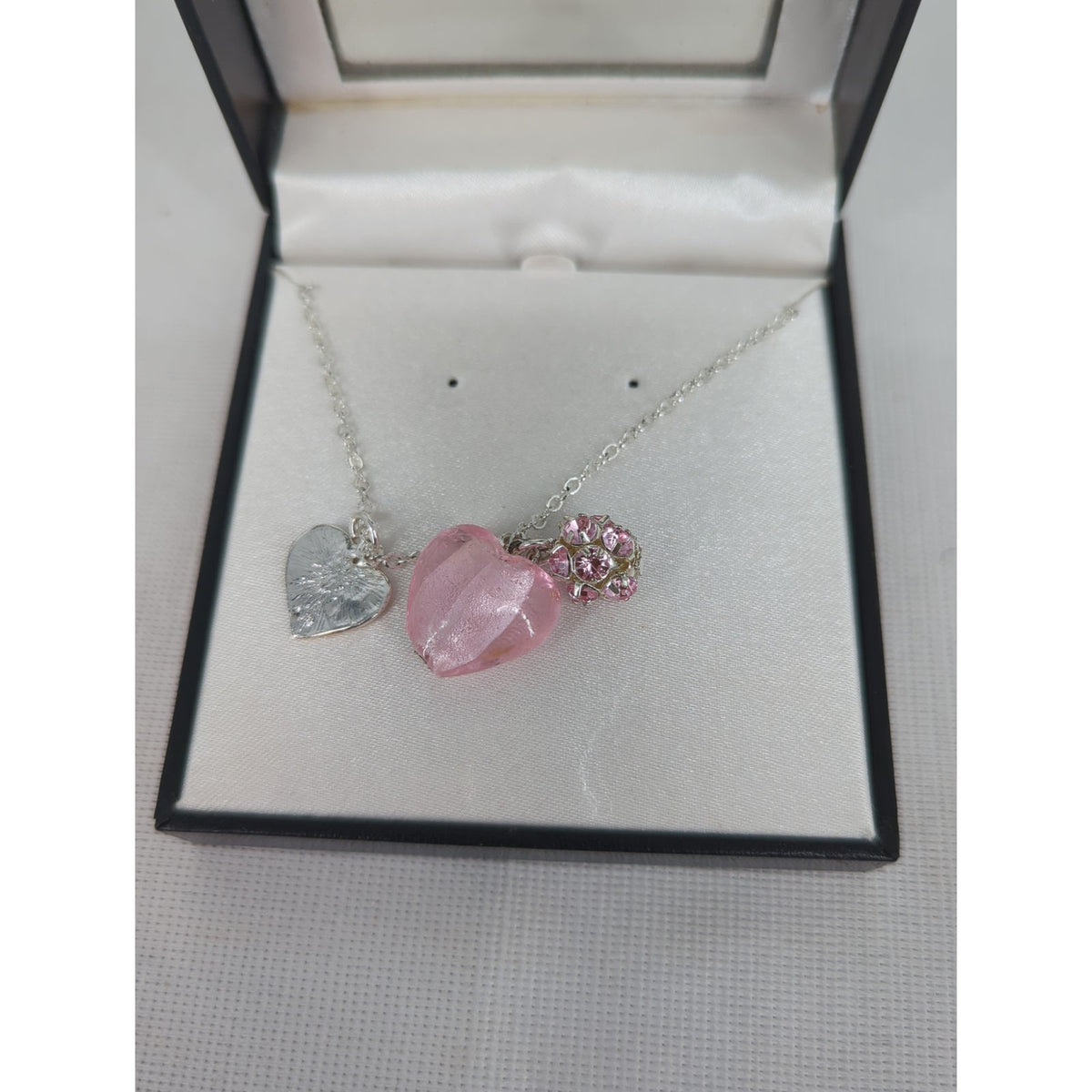 Vintage Silver Tone Pink Glass Heart Charm Necklace Boxed