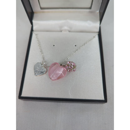 Vintage Silver Tone Pink Glass Heart Charm Necklace Boxed