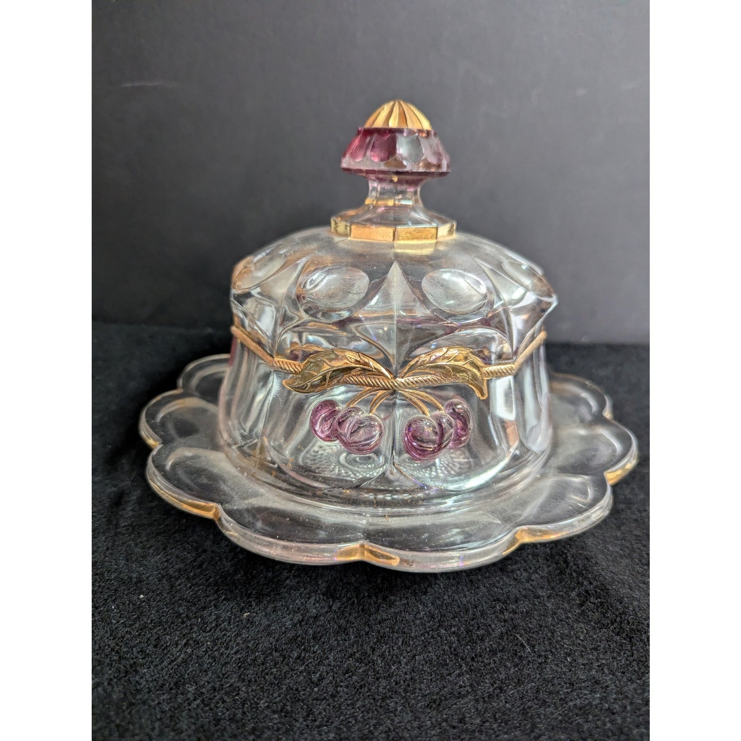 Mosser Northwood Cherry Cable Cover Glass Butter Dish gold red clear 2pc.  round