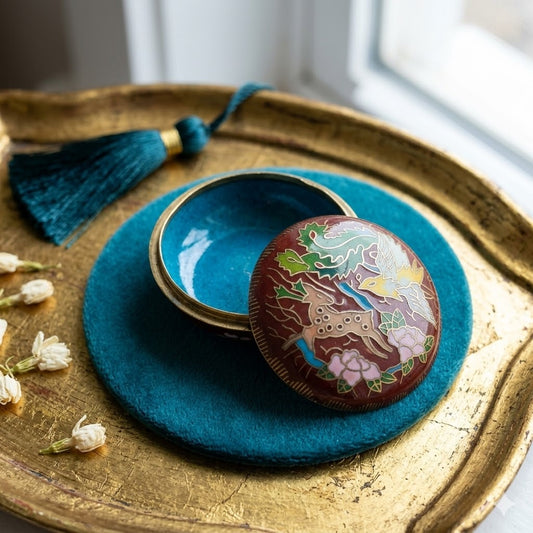 Vintage Cloisonné Enamel Trinket Snuff Pill Stash Box Deer, Crane & Dragon Motif