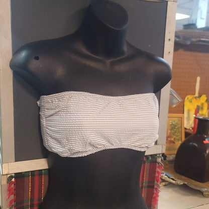 Blue Sky NEW Blue White Striped Bandeau Side Boning Swim Top LIned TieBack XS