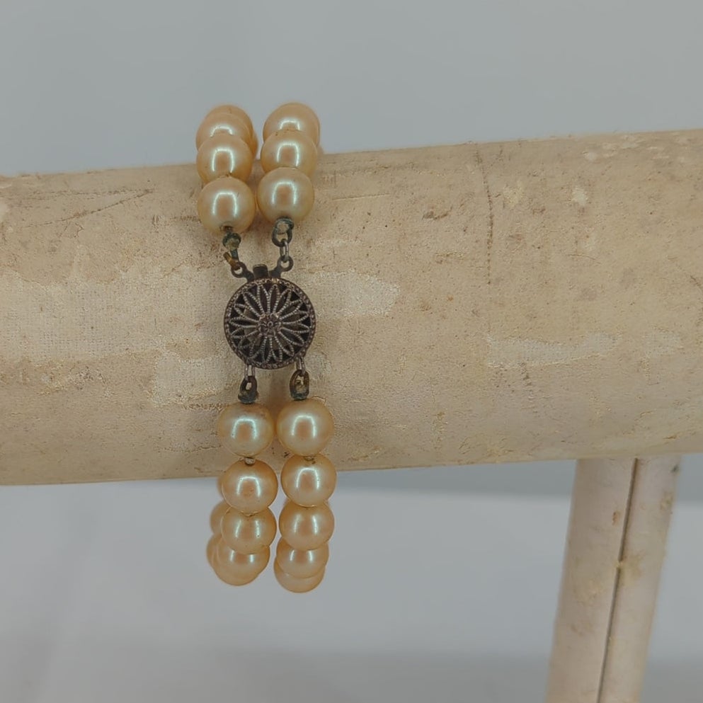 Vintage Double Strand Cream Faux Pearl Bracelet With Filigree Clasp